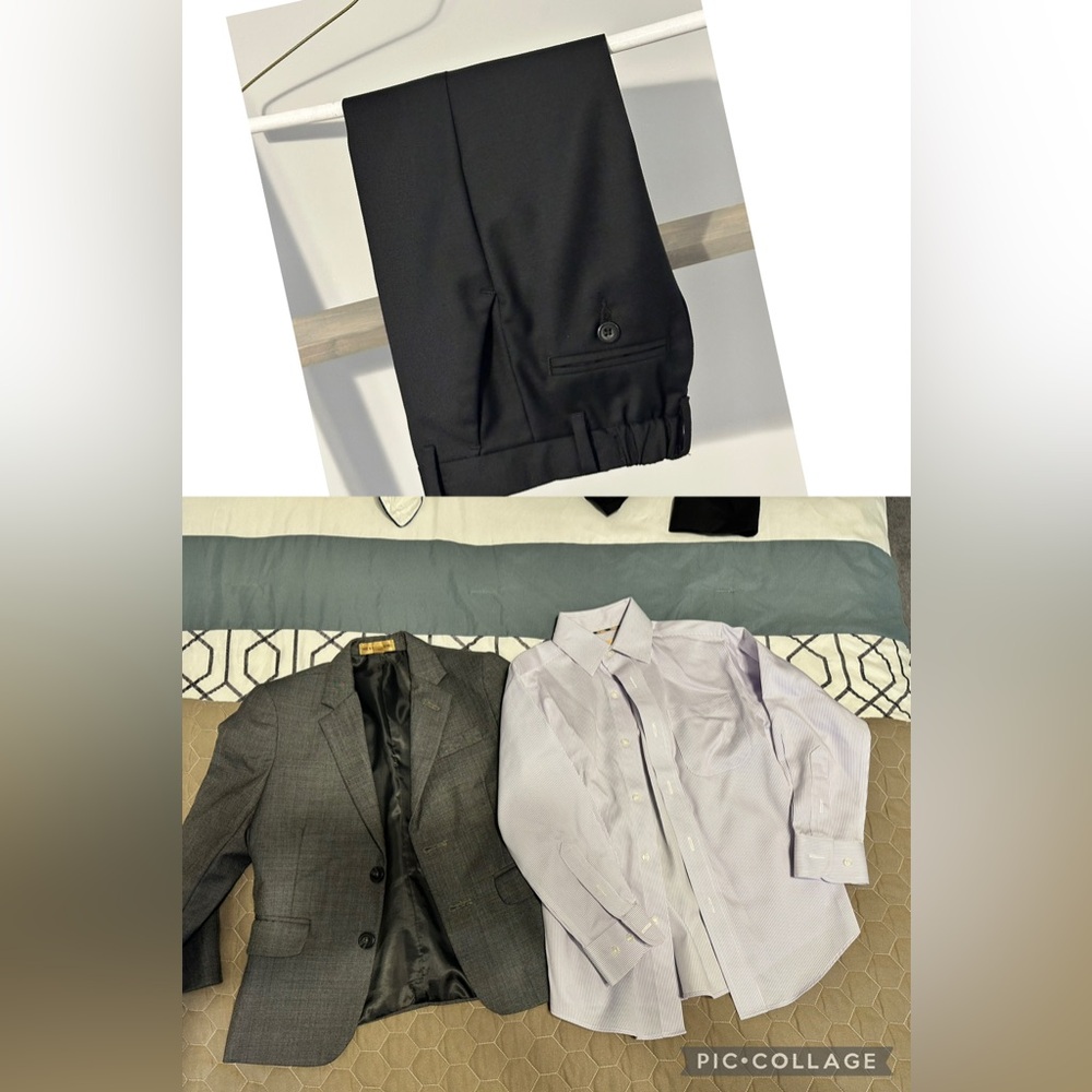 Boys light purple and white button up shirt and gray blazer/jacket, dress pants